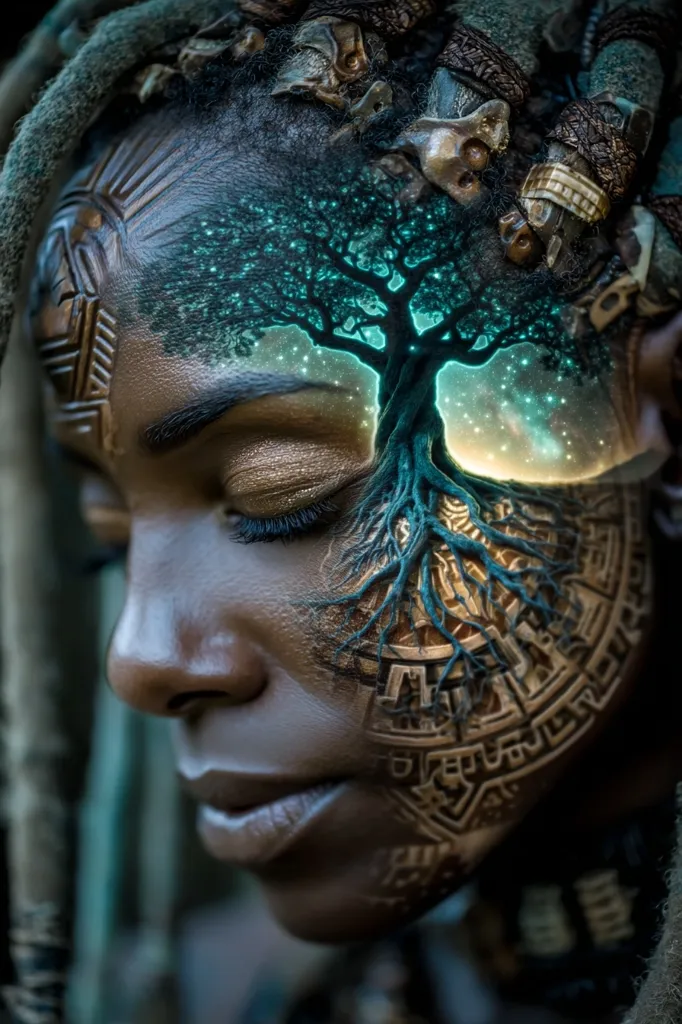 A close-up portrays a woman with intricate face paint.  A luminous teal tree, its roots intertwining with golden, ancient-looking glyphs, appears superimposed on her face.  Her eyes are closed, and her dark dreadlocks are adorned with ornate, earthy-toned accessories. The overall effect is mystical and evocative of nature's power and ancient civilizations.
