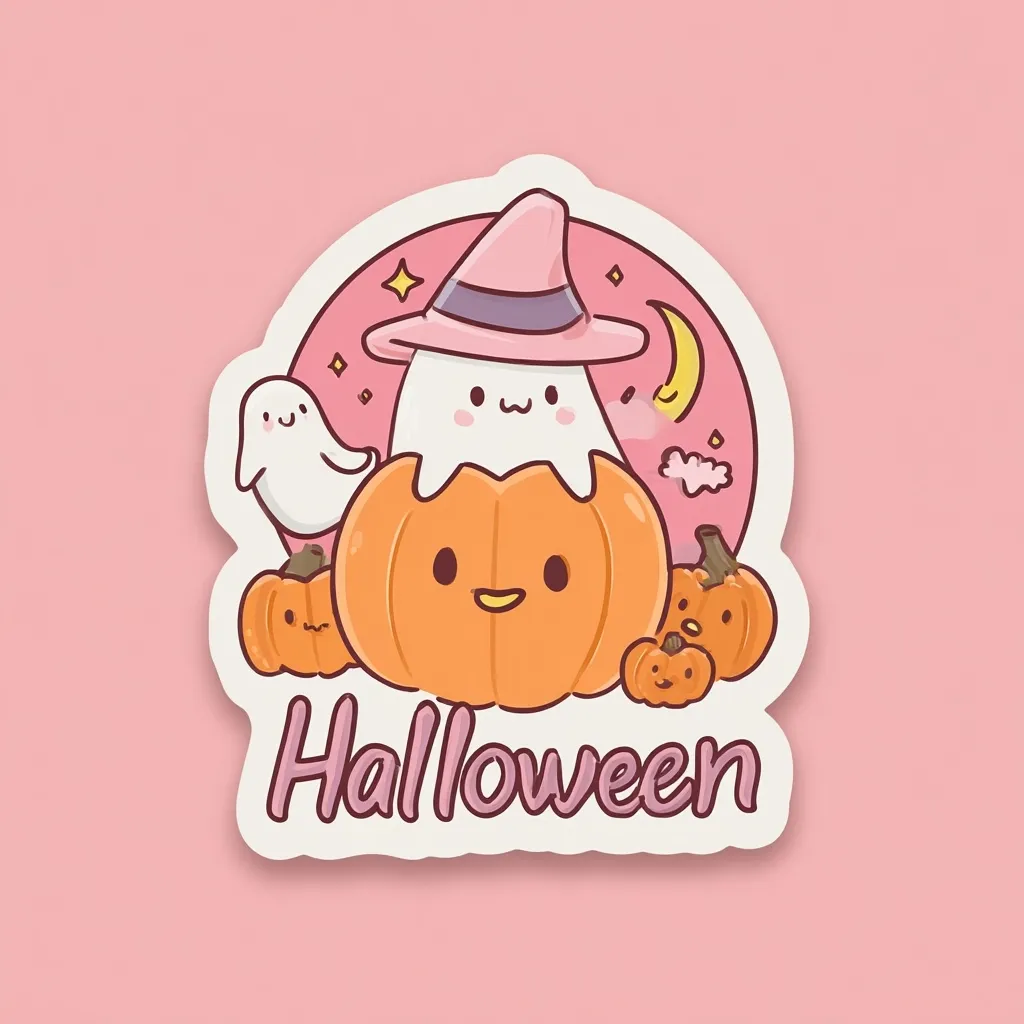 A cute Halloween sticker features a ghost wearing a pink witch hat, nestled inside a smiling pumpkin.  Smaller pumpkins and a friendly ghost float nearby against a pink moonlit backdrop.  The word "Halloween" is written beneath in a playful script. The overall style is whimsical and pastel-toned.