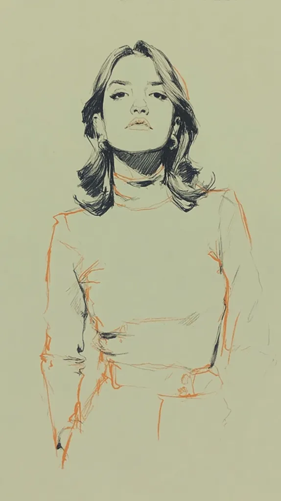 A sketched portrait of a woman with shoulder-length hair, wearing a turtleneck top and trousers.  The style is loose and expressive, using shading to define the features and clothing.  The woman's expression is serious and direct, her gaze meeting the viewer's. The drawing uses a muted color palette with pale green background and dark lines.  The overall feel is stylish and contemporary.