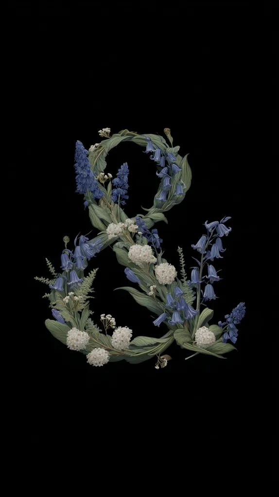 An ampersand symbol is formed using a variety of flowers and foliage. Predominantly bluebells in shades of purple and blue are used, interwoven with white flowers and green leaves, creating a visually appealing and unique representation of the symbol against a stark black background. The botanical details are meticulously rendered, showcasing the beauty of the natural elements.