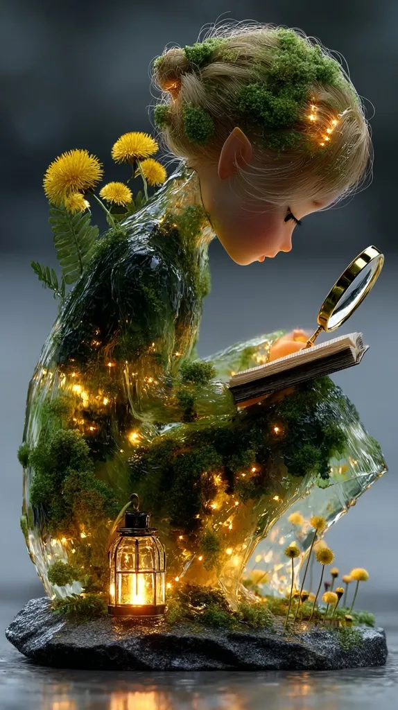 A digital artwork depicts a whimsical girl, seemingly made of translucent resin infused with moss and tiny lights.  She is engrossed in reading a book, illuminated by a small lantern at her feet.  Dandelions sprout from her form, and a magnifying glass rests near the open book. The scene is magical and serene, evoking a sense of fantasy and nature's quiet beauty.