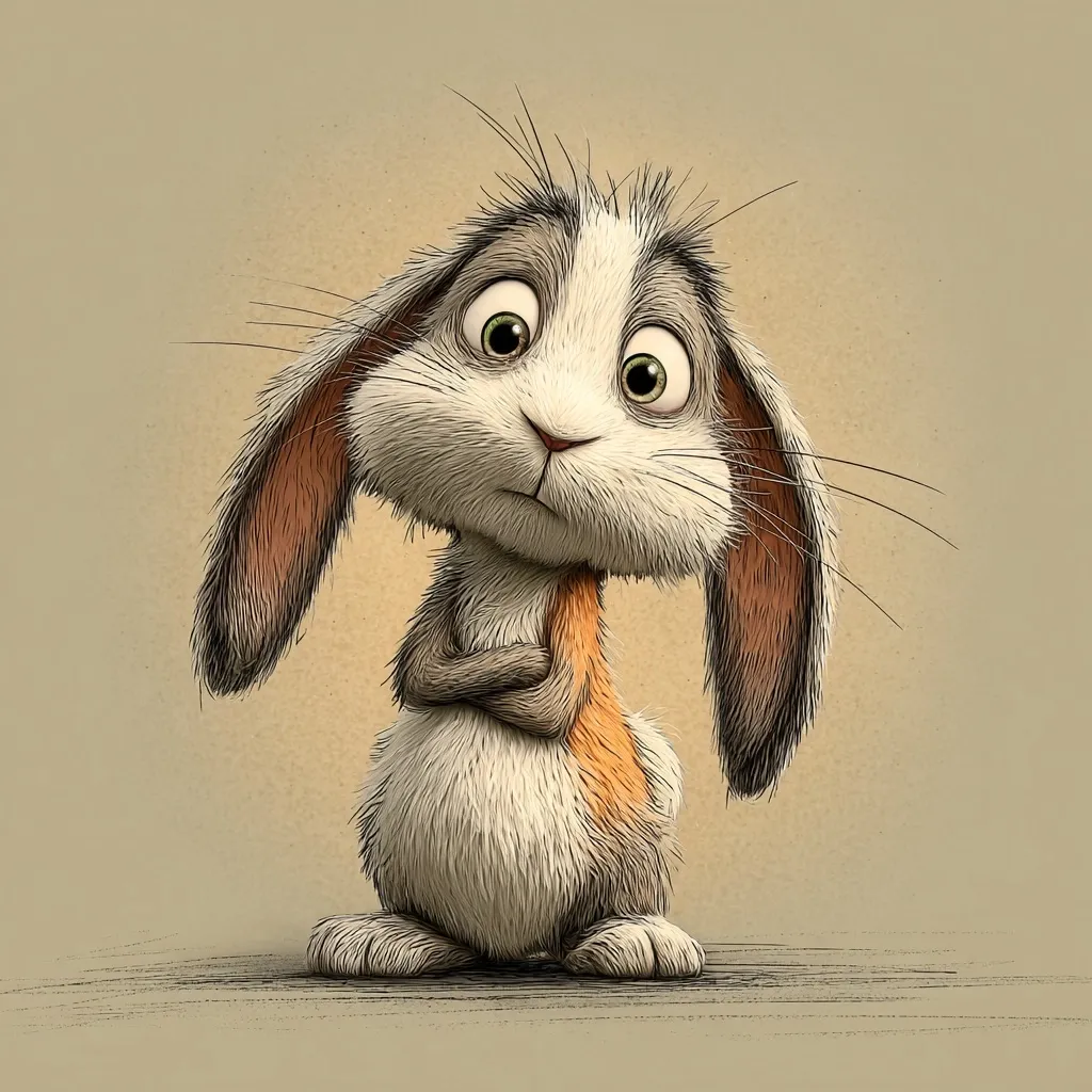 A cute cartoon rabbit with large, expressive eyes and long ears stands with its arms crossed.  Its fur is predominantly white and gray, with patches of orange-brown on its back and ears. The rabbit has a slightly pensive or concerned expression, conveying a sense of quiet contemplation.  The style is detailed, resembling a pencil or charcoal sketch.