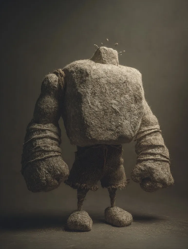 A 3D-rendered image depicts a golem-like figure.  Its body is a textured, stone-like material, with a cuboid torso and powerful arms wrapped in rough rope.  Short, textured legs and feet complete the figure. Small, plant-like growths emerge from its head.  The overall aesthetic is dark, gritty, and somewhat unsettling, suggesting a creature of earth and possibly decay.