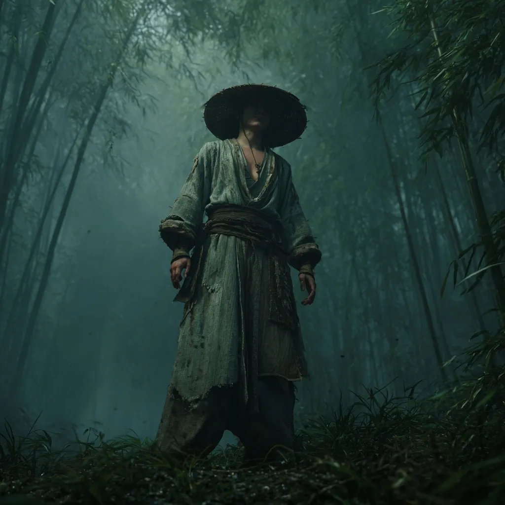 A lone figure, clad in a tattered, greyish-green robe and wide-brimmed hat, stands amidst a misty bamboo forest. The atmosphere is dark and mysterious, the figure's expression obscured by shadow.  The image evokes a sense of isolation and perhaps a journey through a foreboding landscape.  The overall mood is one of quiet intensity and ancient secrets.
