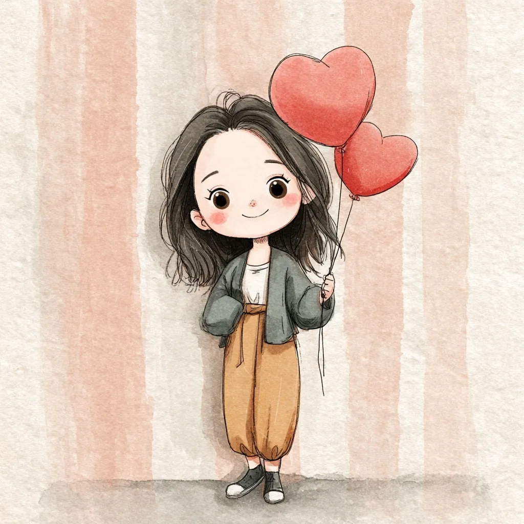An adorable cartoon girl with dark hair stands against a soft pink striped background. She's dressed in a gray cardigan and mustard-colored pants, and holds two heart-shaped red balloons.  Her large eyes and sweet smile convey a feeling of joy and innocence. The watercolor style adds to the charming and whimsical nature of the illustration.