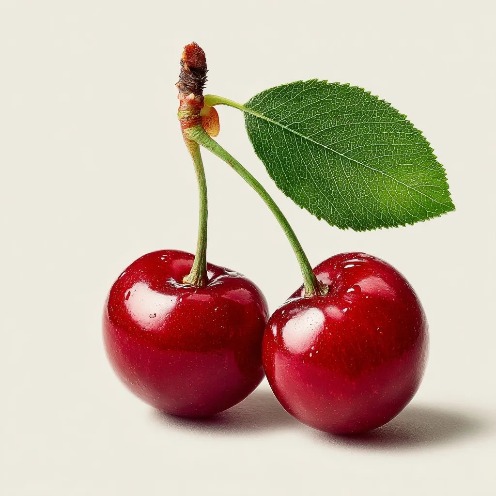 Two ripe, red cherries are presented against a light beige background.  The cherries are glistening, suggesting freshness. A vibrant green leaf is attached to the stems, enhancing the image's natural appeal. The focus is sharp, highlighting the texture and color of the fruit.  The overall impression is one of vibrant, juicy sweetness.