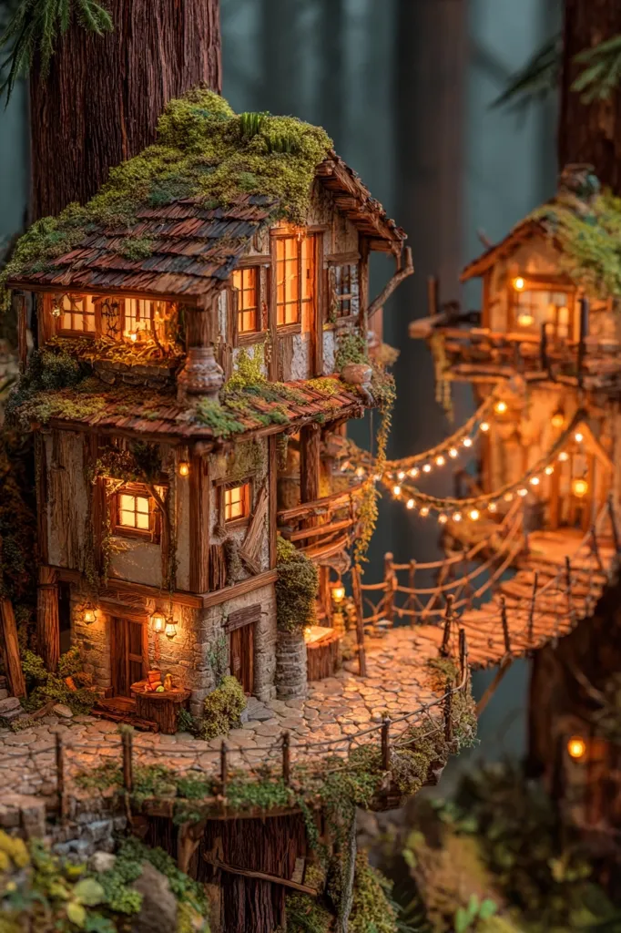 A whimsical, miniature village nestled within a towering tree.  Moss-covered, wooden houses with glowing windows are connected by a charming rope bridge.  Fairy lights twinkle, creating a magical ambiance.  The detailed craftsmanship and enchanting setting evoke a sense of fantasy and wonder.  The scene is beautifully lit, highlighting the intricate details of the miniature buildings and the surrounding foliage.