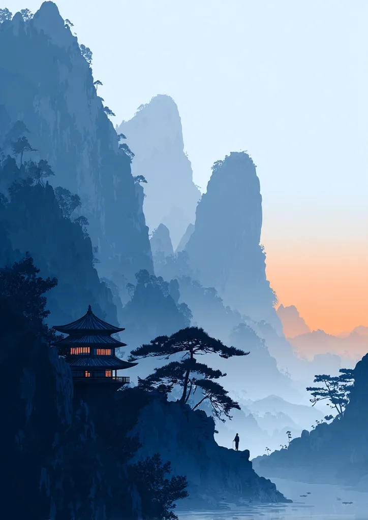 A serene landscape painting depicts a three-story pagoda nestled in a misty mountain valley.  The mountains are rendered in shades of blue, creating a sense of depth and tranquility. A lone figure stands on a rocky outcrop overlooking a calm body of water.  Pine trees accentuate the scene, adding to its peaceful and contemplative atmosphere.  The soft orange glow of the setting sun adds warmth to the cool tones of the landscape.