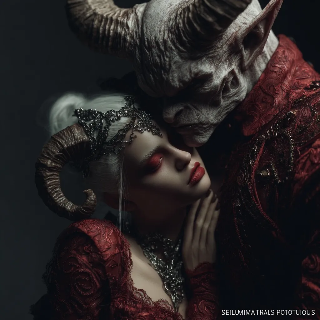 A dramatic close-up depicts a woman with horns and a crown embracing a horned, demonic figure.  She wears a red, lacy gown and elaborate jewelry.  His face is gaunt and his expression is somber. The dark, moody lighting enhances the gothic and fantasy elements of the image, creating a sense of mystery and intrigue.  Their intimate embrace suggests a complex, possibly forbidden, relationship.