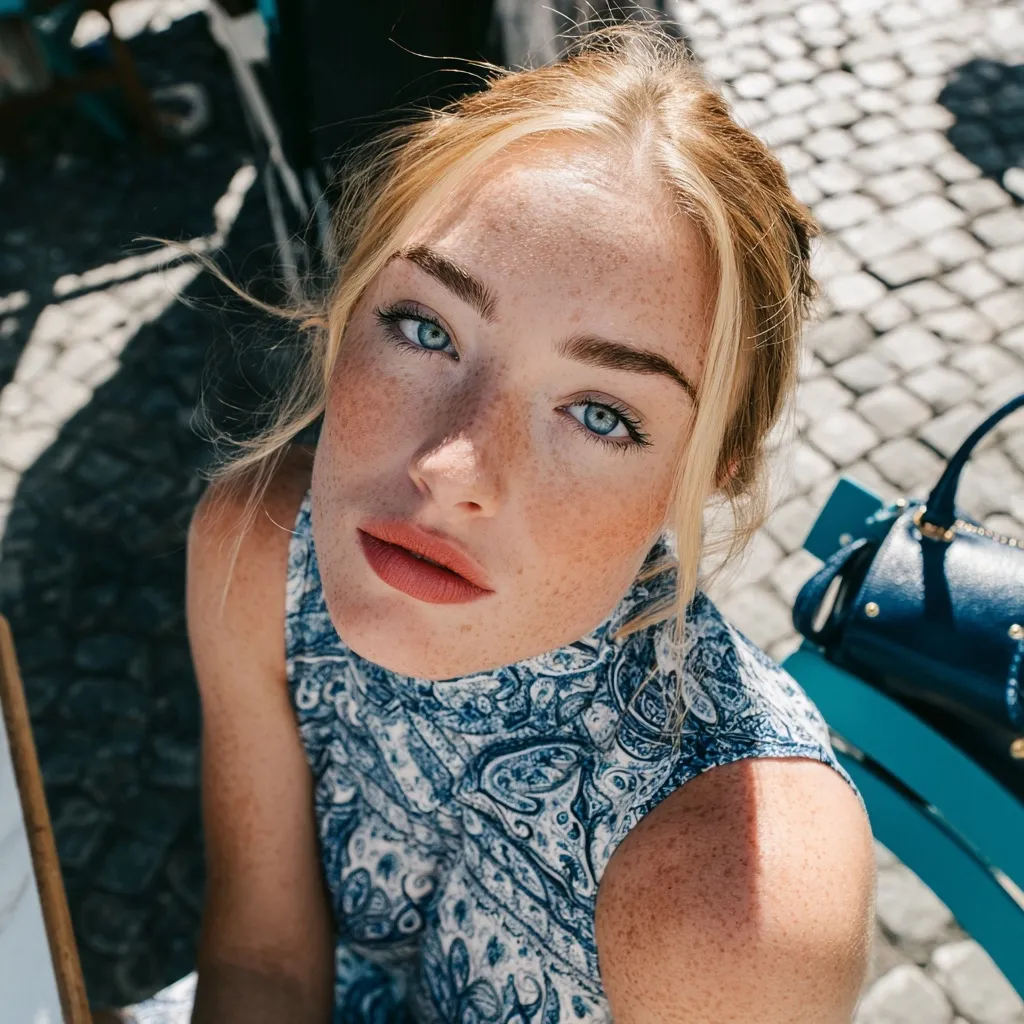 A young woman with fair skin and freckles looks up at the camera.  She has light blonde hair pulled back from her face, and bright blue eyes. She's wearing a sleeveless, patterned blue and white dress.  A dark blue handbag is visible in the background, resting on a teal chair. The setting appears to be outdoors, on a cobblestone street bathed in sunlight.
