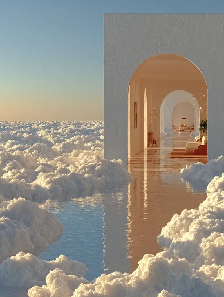 A surreal architectural rendering depicts a white structure with arched hallways extending into the distance, perched atop a sea of clouds.  The structure's reflective floor mirrors the sky and clouds, creating a tranquil and ethereal atmosphere.  Warm sunset hues illuminate the scene, enhancing the dreamlike quality. The overall effect is one of peaceful serenity and otherworldly beauty.