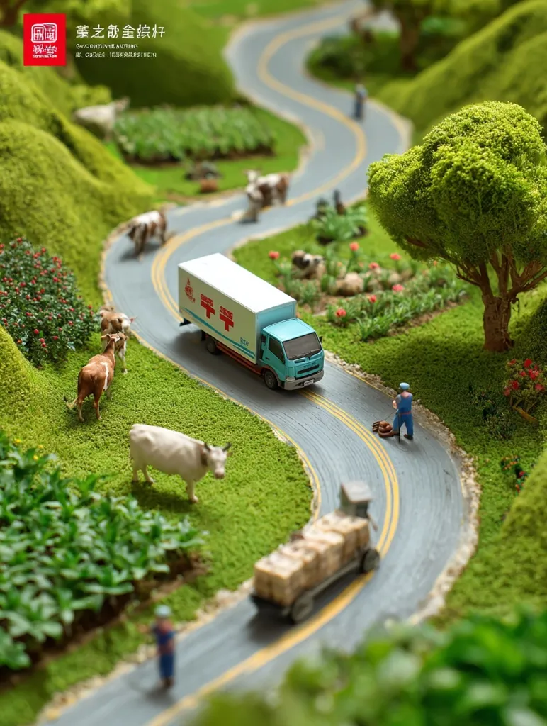 A miniature diorama depicts a pastoral scene with a winding road.  A small delivery truck travels along the road, past miniature cows and a person tending to a small pile of goods.  The landscape is lush and green, with small farms and trees. The overall aesthetic is idyllic and charming, showcasing a tranquil countryside setting.