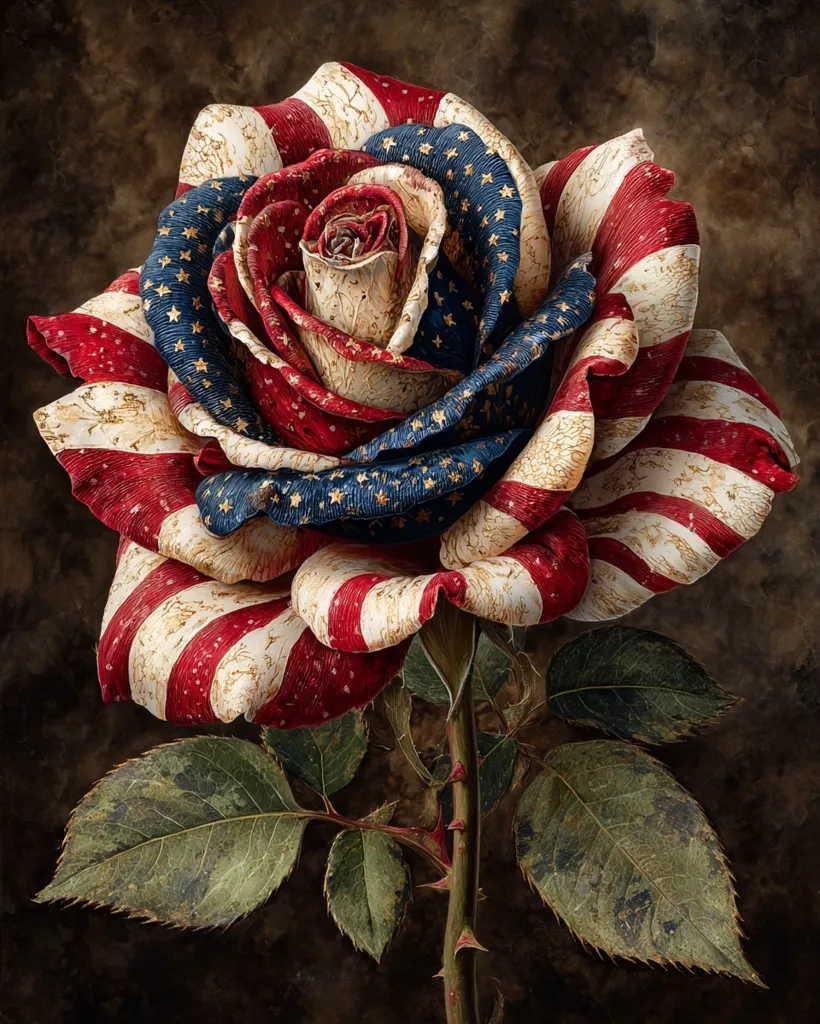 A striking image depicts a rose whose petals are intricately designed with the American flag's colors and stars.  The rose appears aged and weathered, giving it a sense of history and resilience. The dark background contrasts beautifully with the vibrant, patriotic flower, creating a powerful and evocative piece of art.  The overall effect is one of patriotic pride and remembrance.