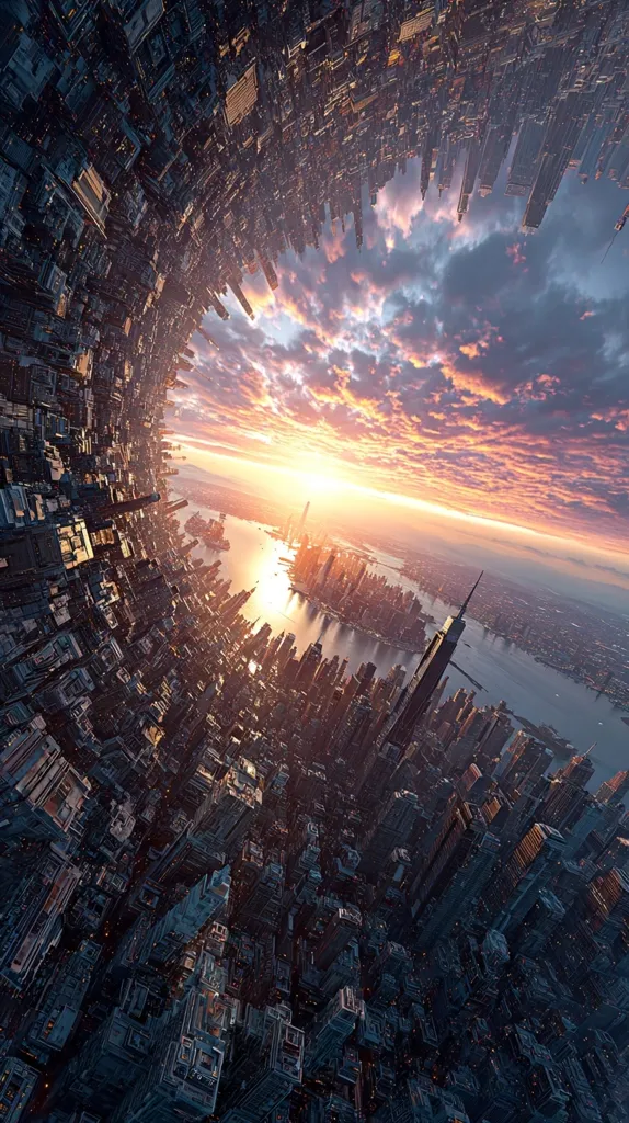 A surreal, digitally-created image depicts a city curving into a vortex, its buildings stretching towards a vibrant sunset.  The perspective is from above, looking down as the cityscape bends, creating a dramatic, almost impossible visual.  The city appears dense and futuristic, extending to a body of water where the sun sets in a blaze of pink and orange hues. The clouds are dramatic and add to the otherworldly feel.