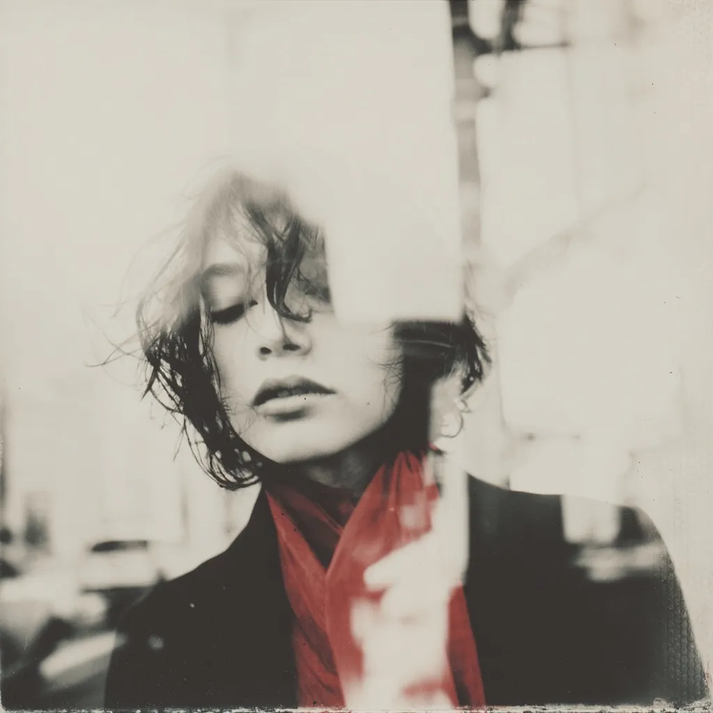 A monochromatic portrait of a young woman, partially obscured by a translucent layer, possibly a window or glass.  Her dark, windblown hair frames a contemplative expression. A splash of vibrant red from a scarf adds a striking contrast to the otherwise muted tones. The image evokes a sense of mystery and introspection, with a slightly blurred and dreamlike quality.