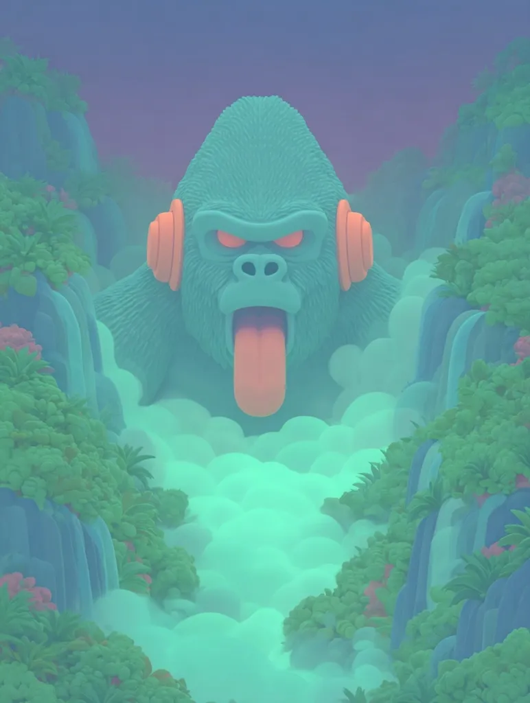 A stylized illustration depicts a teal gorilla wearing oversized orange headphones, its tongue sticking out.  The gorilla is situated within a lush, pastel-colored jungle scene, nestled between waterfalls cascading down verdant cliffs.  The overall aesthetic is serene yet playful, with a smooth, almost clay-like texture to the illustration's elements.  The color palette is muted and calming, creating a dreamy atmosphere.