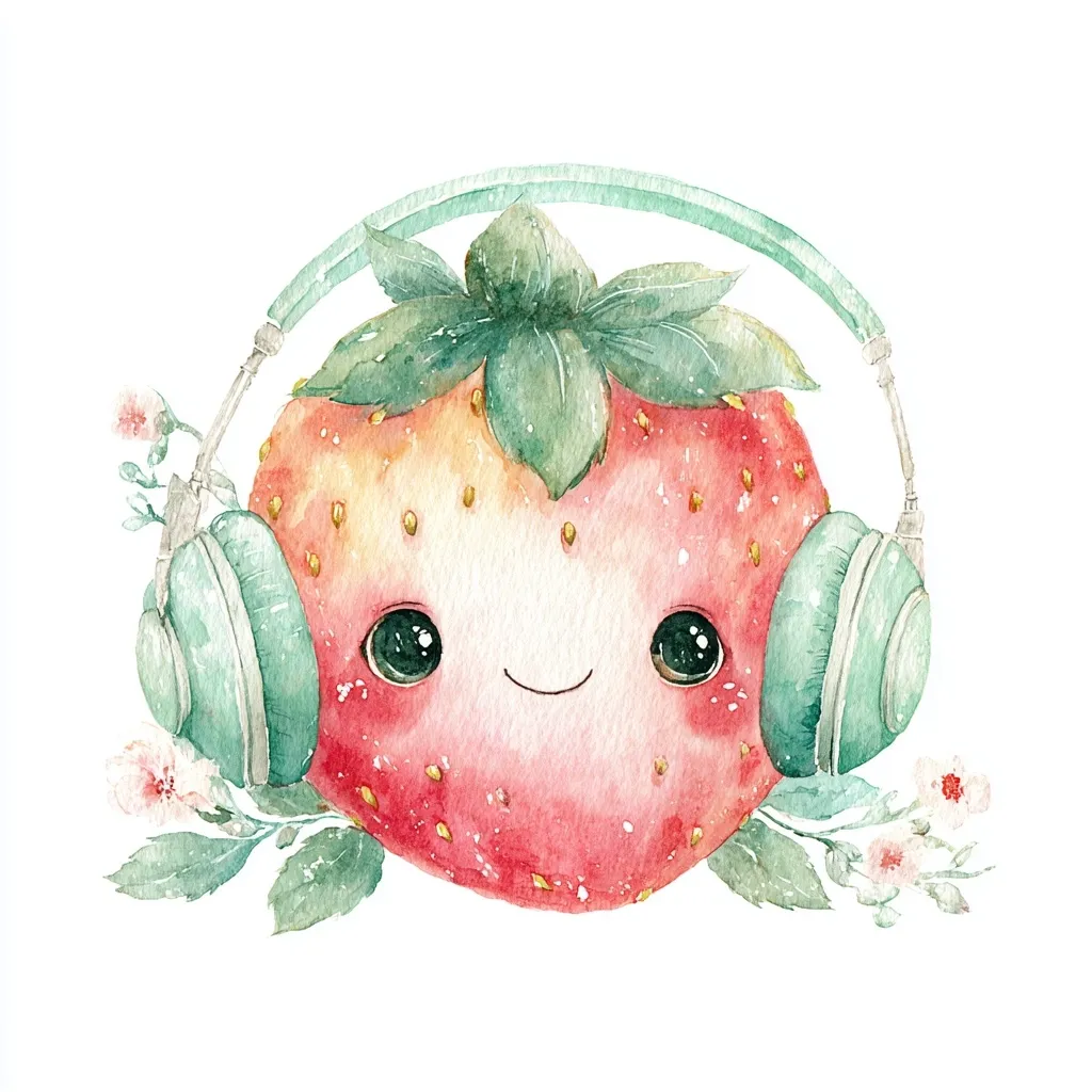 A watercolor illustration of a cute, cartoon strawberry wearing mint green headphones.  The strawberry has large, expressive eyes and a happy smile.  Delicate green leaves and small white flowers surround the strawberry, adding to the whimsical and charming aesthetic. The overall style is soft and gentle, suitable for children's illustrations or designs.