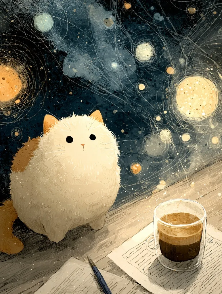 A fluffy, round cat with orange patches gazes at a whimsical, starry night scene.  A glass of coffee sits on a wooden desk beside papers and a pen, creating a cozy and imaginative atmosphere. The artwork's style is soft and dreamlike, with muted colors and delicate lines.  The cat's expression is peaceful and curious, enhancing the overall serene mood.
