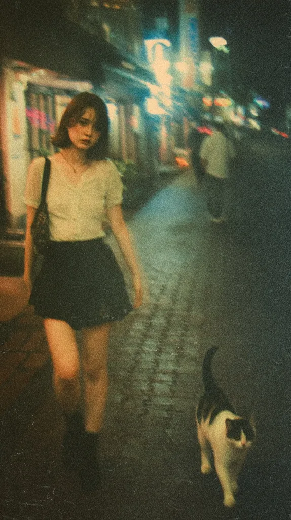 A young woman with short hair walks down a dimly lit street at night, a small black and white cat strolling alongside her. She wears a white shirt and dark skirt, carrying a shoulder bag.  The background is blurred, showcasing the out-of-focus lights and buildings of a bustling city. The overall mood is melancholic and atmospheric.