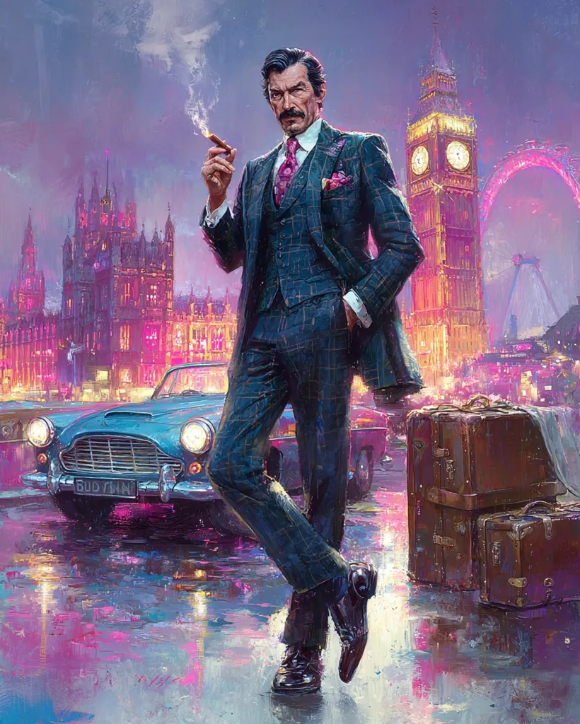 A stylish man in a plaid suit stands confidently in a London street at night, a cigar in hand.  The Big Ben clock tower and a Ferris wheel are visible in the background, along with a classic car.  His luggage sits nearby, suggesting travel or a departure. The vibrant, painterly style emphasizes the atmosphere of a sophisticated, possibly clandestine, scene.  The overall mood is one of mystery and intrigue.