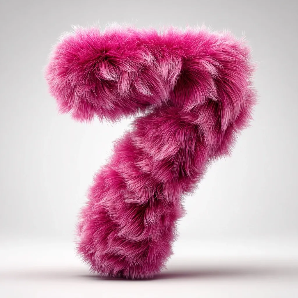 A fluffy, pink number seven stands against a white background.  The number is rendered to appear as though it is made entirely of long, soft, pink fur.  The texture is highly realistic, giving a plush and luxurious appearance. The lighting is soft and even, highlighting the texture of the faux fur.