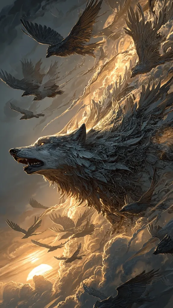A majestic wolf, its fur resembling dark, intricate feathers, dominates the foreground.  Surrounding it, a flock of ravens soars through a dramatic, golden sky, their wings blending with the wolf's form.  The setting sun casts a warm glow on the clouds, creating a mystical and powerful scene.  The overall impression is one of fantasy and ethereal beauty.
