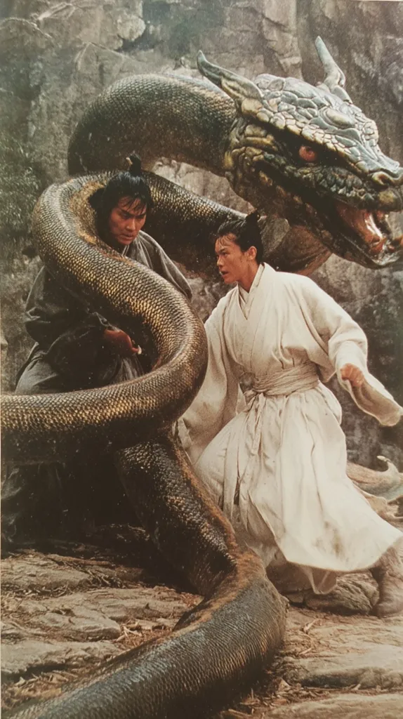 A scene from a martial arts film depicts two individuals grappling with a large serpent-like dragon. One person wears dark clothing, actively engaging with the creature, while another in flowing white robes observes cautiously.  The setting appears to be a rocky, outdoor environment.  The dragon's scales and menacing features are prominently displayed.  The overall tone is dramatic and action-oriented.