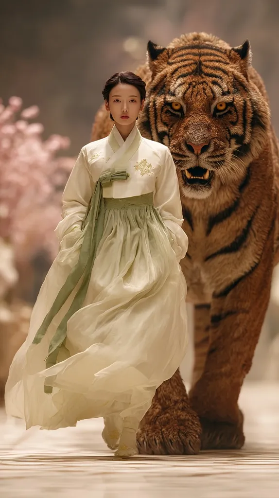 A woman in a flowing, light beige Hanbok walks gracefully, a large tiger silently following close behind.  The contrast between the delicate fabric of her traditional Korean dress and the powerful presence of the tiger creates a dramatic and intriguing image.  The setting appears ethereal, possibly a stylized garden or landscape.