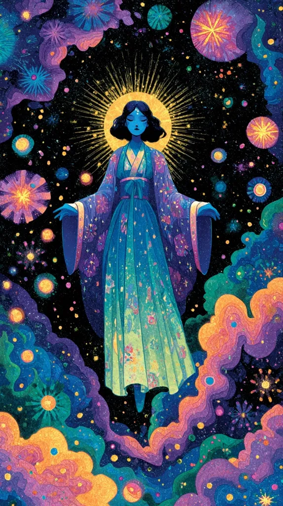A serene woman, adorned in a flowing, galaxy-printed robe, floats amidst a vibrant cosmos.  Her dark hair frames a calm face, and a golden halo surrounds her head.  The background bursts with colorful nebulae, stars, and celestial bodies, creating a dreamlike and mystical atmosphere.  The artwork uses a textured, almost three-dimensional style, enhancing the fantastical setting.