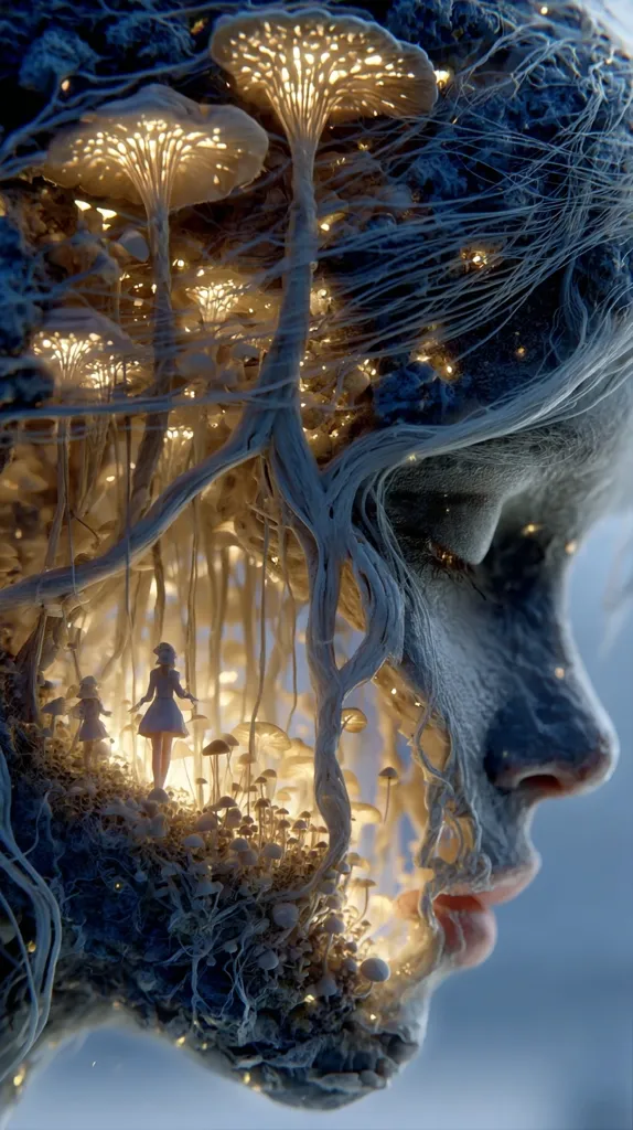 A digital artwork depicts a woman's face, seamlessly merging with a fantastical, glowing bioluminescent forest.  Intricate, luminous mushrooms sprout from within her features, creating a surreal and ethereal scene.  Two tiny figures walk a path illuminated by the magical fungi, nestled deep within the woman's form.  The overall effect is dreamlike and otherworldly.