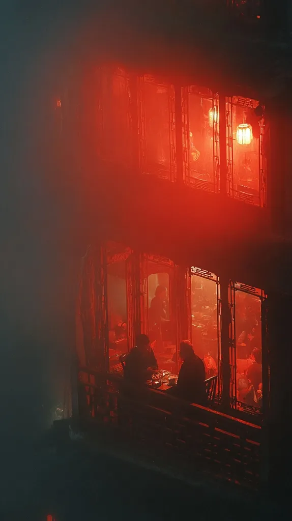 A dimly lit, foggy scene shows a building's second story, bathed in red light emanating from within.  Two figures sit at a table on a balcony overlooking a bustling interior. The red glow illuminates ornate window frames and casts long shadows, creating a dramatic, almost cinematic atmosphere.  The overall mood is mysterious and evocative.