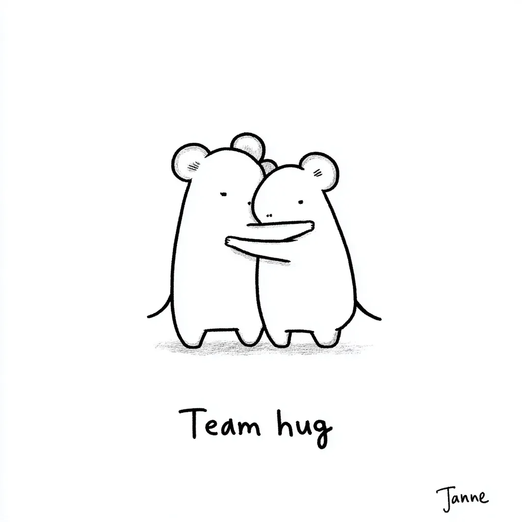 A simple line drawing shows two cute, simplified mice embracing in a warm hug.  The mice are drawn with rounded bodies and large ears. Below the image, the words "Team hug" are written in a casual script. The artist's signature, "Janne," is subtly placed in the bottom right corner. The overall style is minimalistic and evokes feelings of friendship and support.