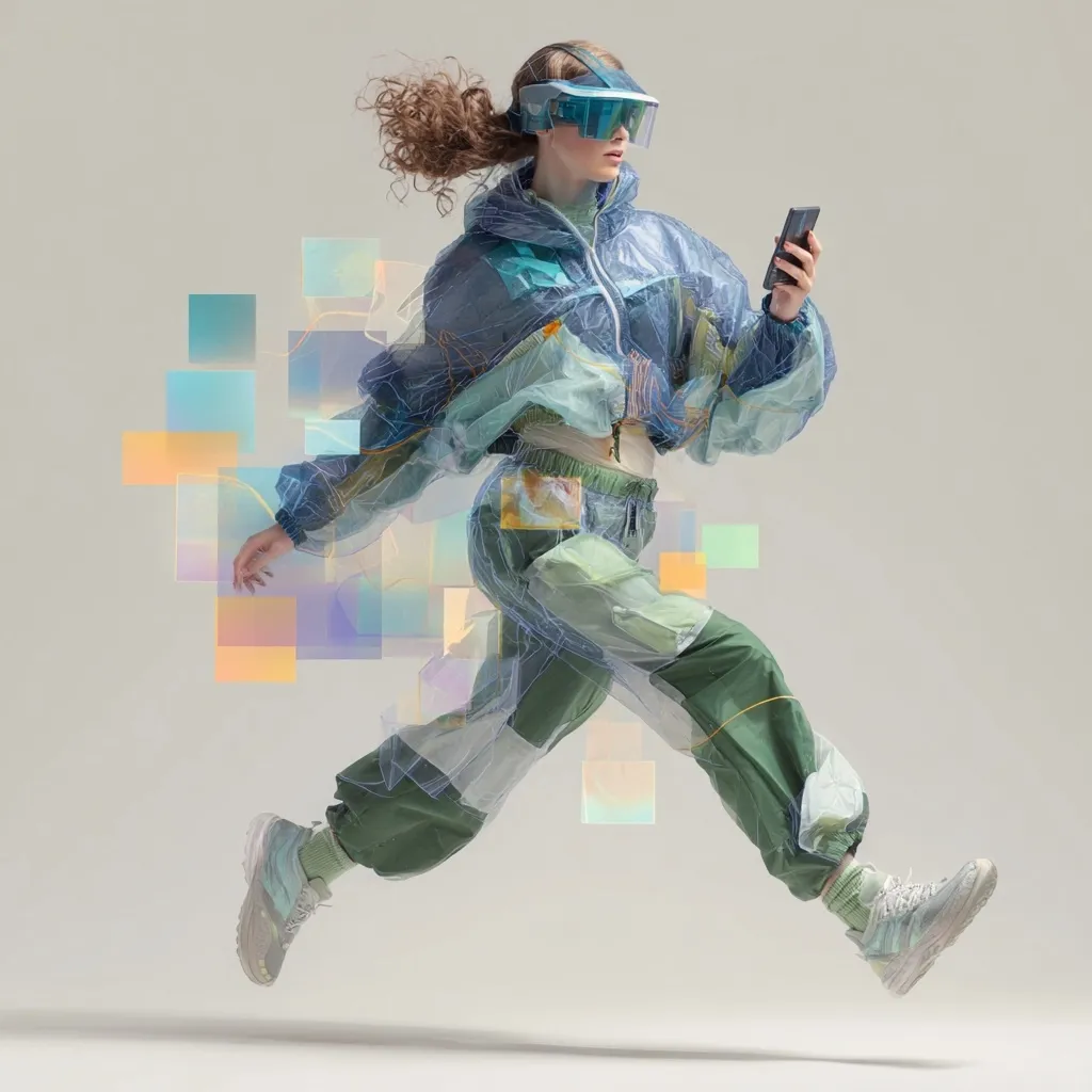 A young woman with curly brown hair, wearing a futuristic translucent teal tracksuit and AR glasses, dynamically leaps forward.  She holds a smartphone, seemingly interacting with a digital overlay of pastel-colored pixels that surrounds her. The image suggests a blend of physical and digital realities, emphasizing motion and technological integration.  Her attire is stylish and modern, reflecting a forward-thinking aesthetic.