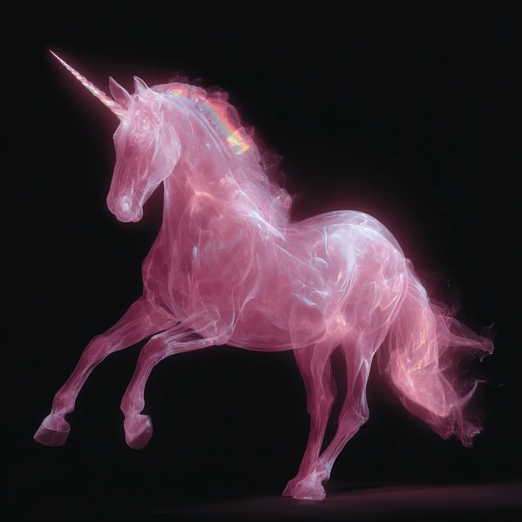 A translucent, pink unicorn gallops against a black background. Its mane and tail flow like smoke, imbued with a faint rainbow sheen.  The unicorn's horn is slender and points upward. The overall effect is ethereal and dreamlike, suggesting magic and fantasy. The image is digitally created, showcasing a masterful blend of light and color.
