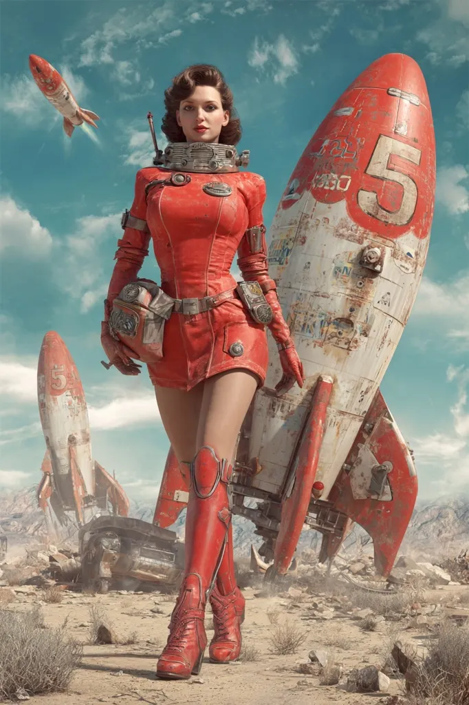 A pin-up style woman in a red retro space suit stands confidently beside a large, weathered rocket.  Two smaller, wrecked rockets are visible in the background, suggesting a desolate, post-apocalyptic landscape. The woman's boots and helmet are also red, matching her jumpsuit.  The overall style is a blend of vintage aesthetics and futuristic science fiction.