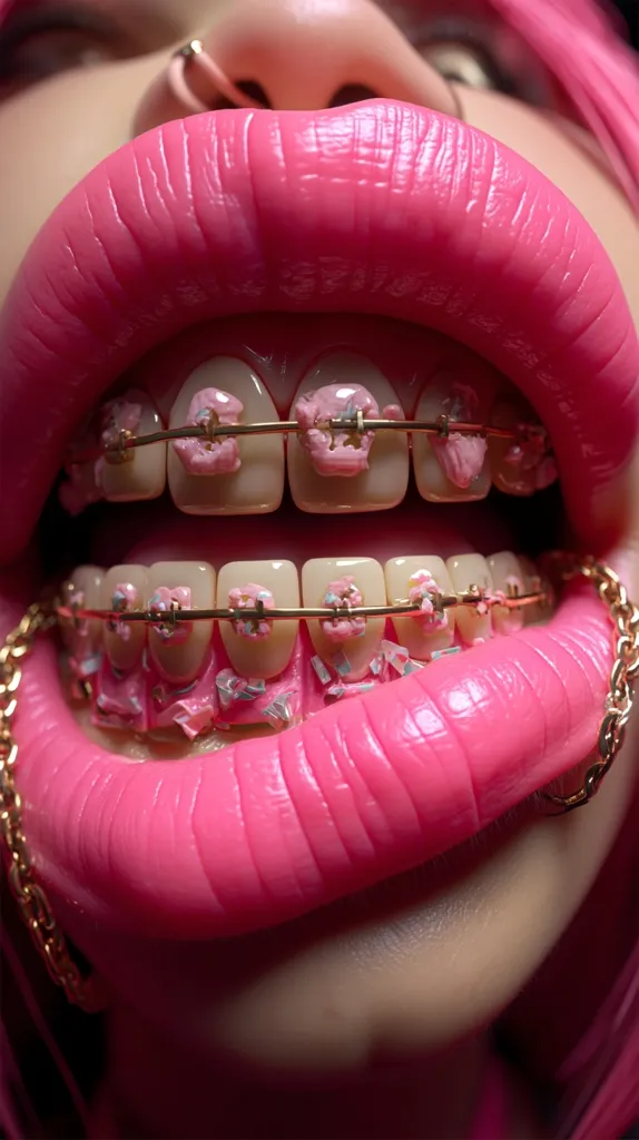 Close-up of a person's mouth with bright pink lipstick.  Gold braces adorn their teeth, decorated with pink and pastel embellishments.  A gold chain accents the lower lip. The overall aesthetic is bold and playful, with a focus on vibrant color and exaggerated features.