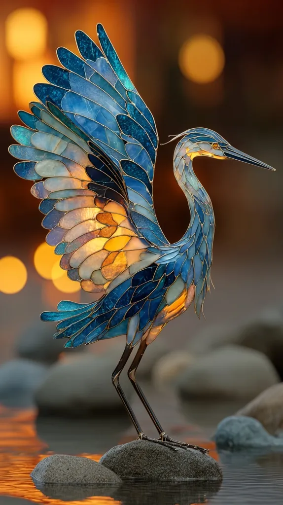 A stunning handcrafted heron sculpture is depicted, its wings artfully spread.  The bird is crafted from intricately pieced stained glass in shades of blue, teal, and amber, creating a luminous effect.  It stands on dark stones beside a tranquil body of water reflecting the warm, blurred lights of the background.  The detailed work showcases the artist's skill and the beauty of the heron's form.