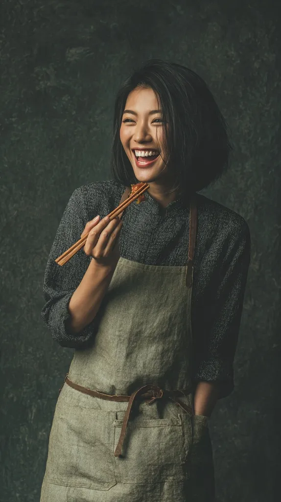 A young woman with short black hair beams with joy as she uses chopsticks to eat a delicious meal.  She's wearing a dark grey top and a light olive green apron tied with a brown leather belt. The background is a textured dark green, creating a moody yet inviting atmosphere. Her radiant smile conveys pure culinary delight.
