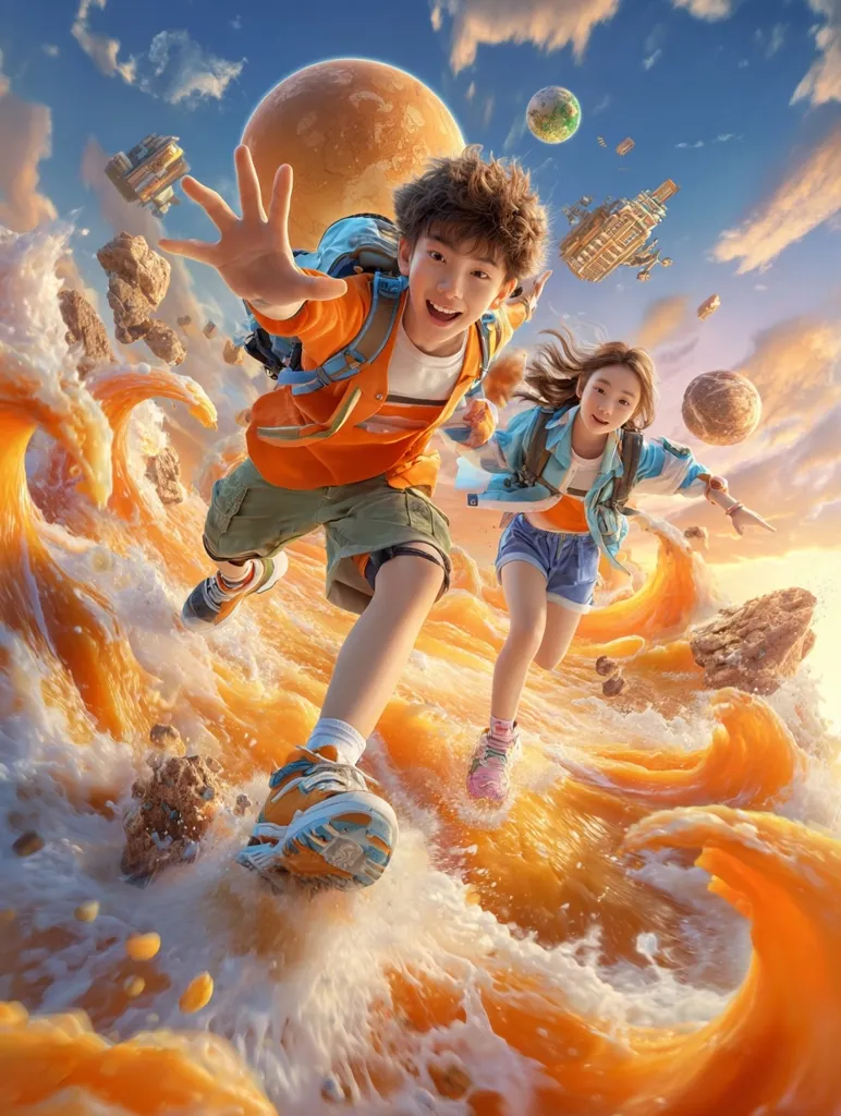 Two children, a boy and a girl, joyfully run through a surreal, orange-hued landscape.  They wear backpacks and athletic shoes, navigating waves that resemble a flowing liquid.  Floating rocks and futuristic structures are visible in the sky, suggesting a fantastical, adventurous setting.  The vibrant colors and dynamic movement create a sense of wonder and excitement.