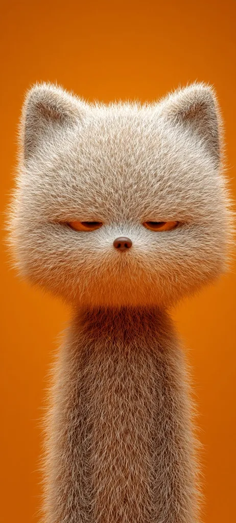 A fluffy, light brown cat with a grumpy expression is presented against a vibrant orange backdrop.  Its fur is meticulously detailed, giving it a realistic texture. The cat's downturned eyes and slightly furrowed brow contribute to its annoyed demeanor. The overall image is stylized, possibly a digital rendering, focusing on the texture and expression of the feline subject.