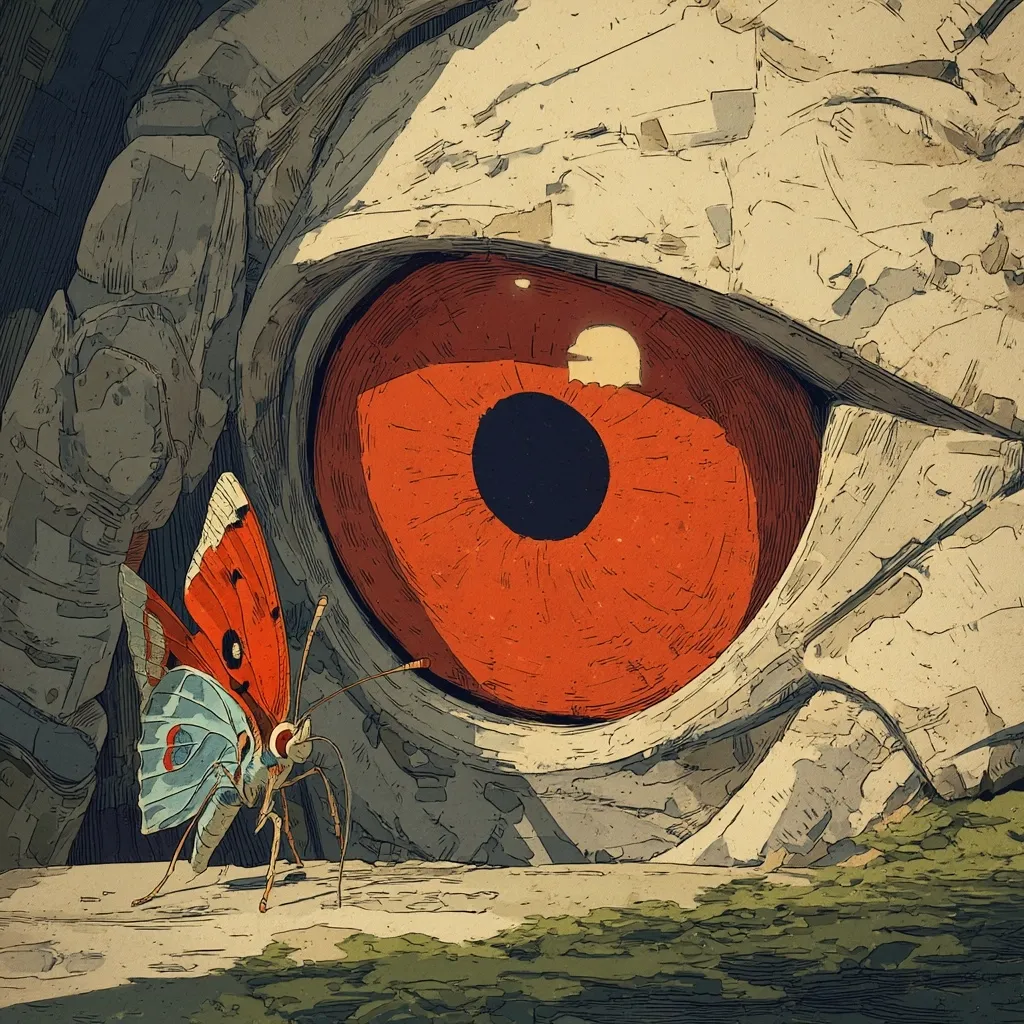 A vibrant illustration showcases a large, orange eye belonging to a colossal, stone-like creature.  The eye, detailed with radiating lines and a dark pupil, dominates the frame.  A small, delicate butterfly with blue and red wings rests in the foreground, creating a striking contrast in scale and texture, emphasizing the immense size of the creature. The style is reminiscent of a stylized painting or digital art.