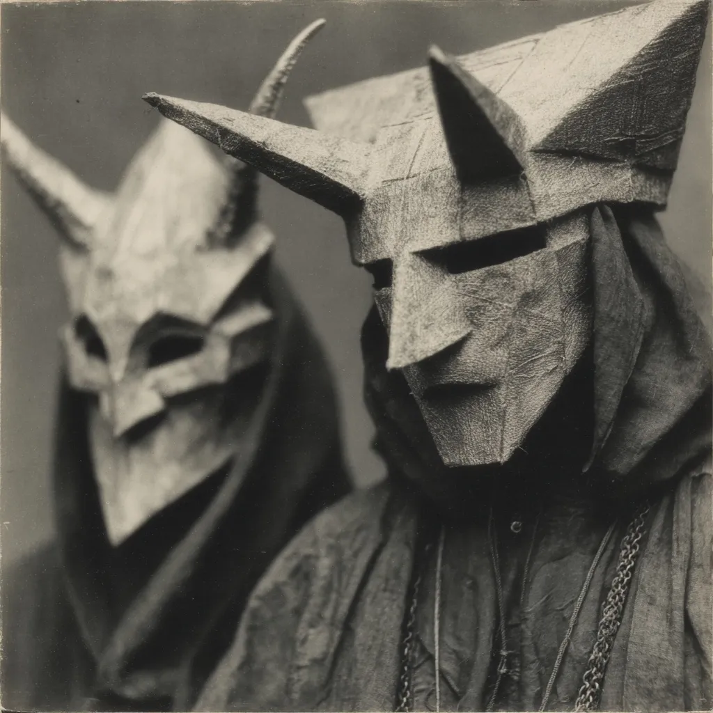 A black and white close-up photograph depicts two individuals wearing imposing, angular masks. The masks, seemingly crafted from a textured material like papier-mâché, feature sharp points and demonic horns.  The figures are cloaked in dark robes, enhancing the mysterious and foreboding atmosphere. The image's stark contrast and dramatic lighting emphasize the masks' geometric forms and the figures' anonymity.