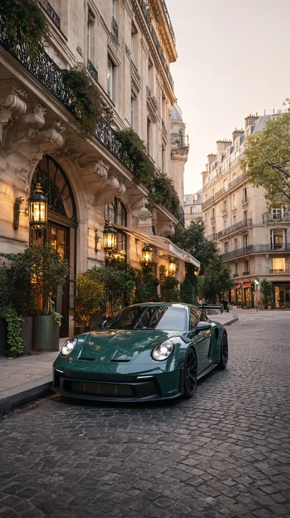 A dark green Porsche 911 GT3 RS is parked on a cobblestone street in Paris.  The car is parked in front of an elegant, classic Parisian building with ornate balconies and exterior lighting. The scene is bathed in the soft light of dusk or dawn, creating a sophisticated and luxurious atmosphere.