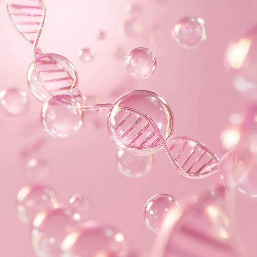 A digital illustration depicts a pink DNA double helix intertwined with translucent bubbles against a soft pink background.  The bubbles vary in size, creating a sense of depth and movement.  The overall aesthetic is ethereal and delicate, suggesting themes of science, beauty, or genetic research. The pink hue adds a feminine and calming touch to the image.