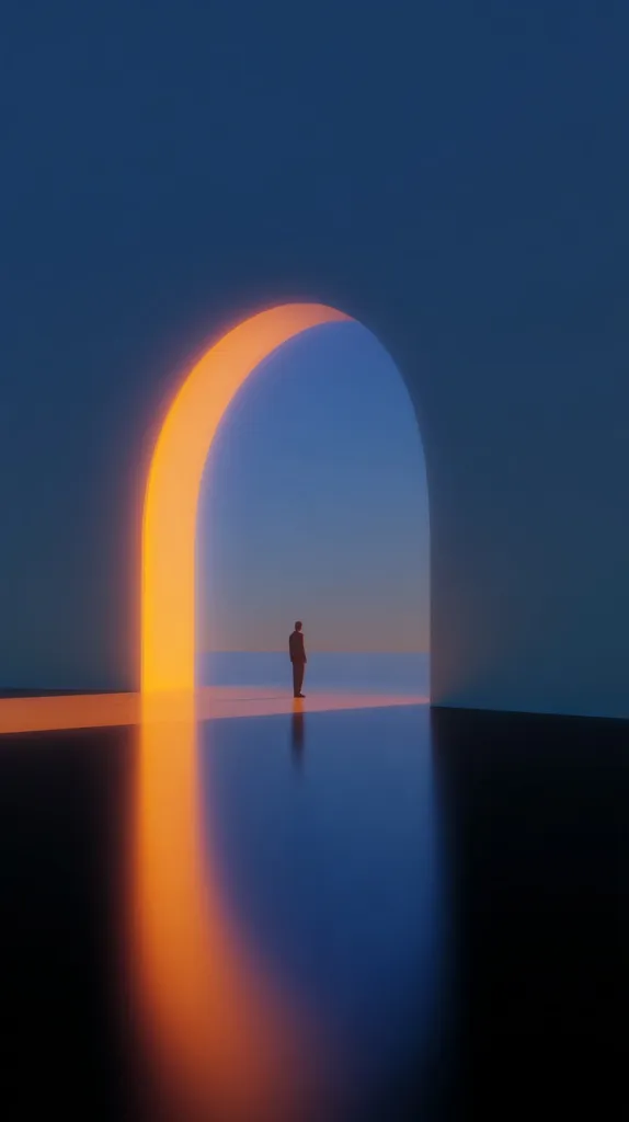 A solitary figure stands before a glowing archway, bathed in warm, orange light.  The arch opens onto a serene, blue seascape under a twilight sky. The scene is minimalist and evocative, suggesting contemplation, transition, or a journey towards the unknown. The reflective floor mirrors the archway and the person, creating a sense of depth and symmetry.