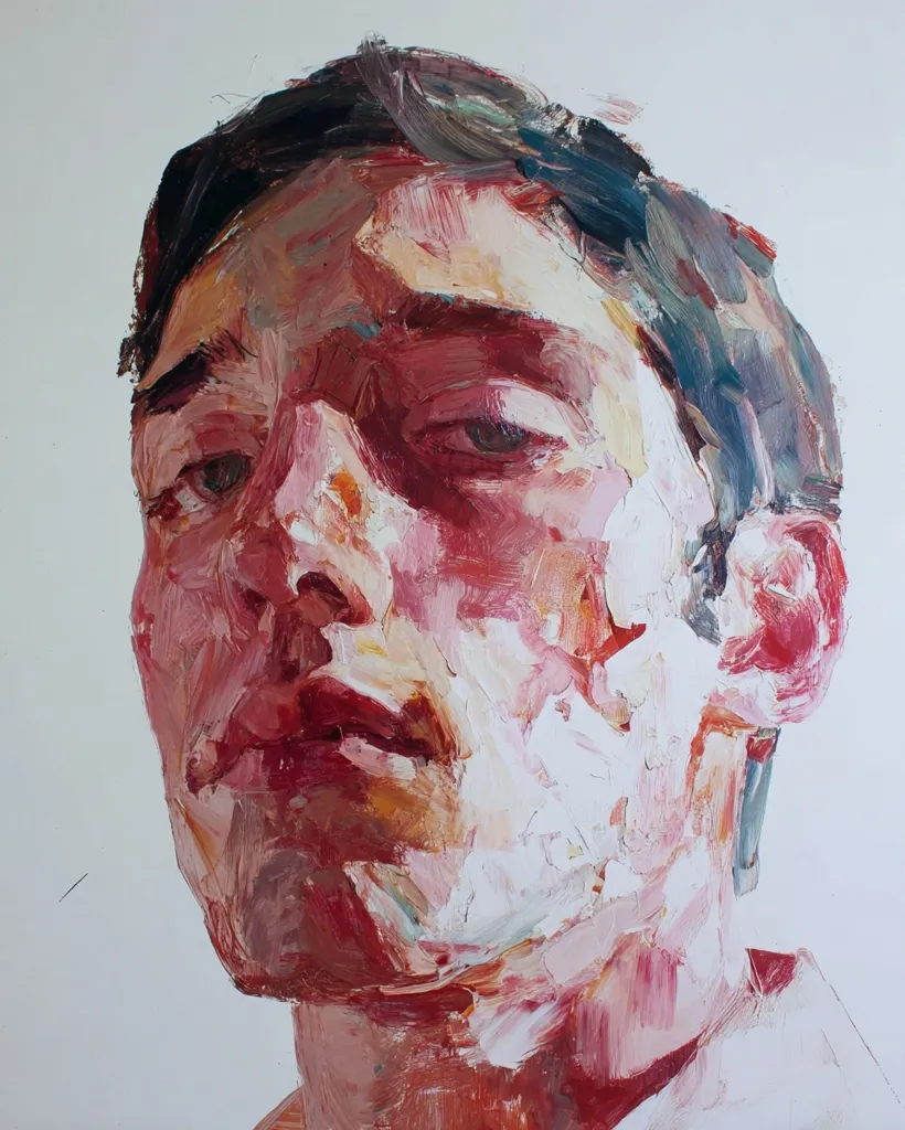 A close-up oil painting depicts a young man's face, rendered in thick, expressive brushstrokes.  Predominantly warm tones of red and pink dominate the skin, punctuated by cooler blues in the hair.  The artist uses impasto technique, creating a textured surface. The subject's expression is pensive, his gaze directed slightly downward. The painting style is contemporary and emotionally charged.
