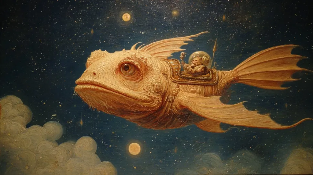 A fantastical painting depicts a large, pale-orange, fish-like creature soaring through a dark, starry night sky.  A small astronaut-like figure sits in a steampunk-style carriage atop the creature.  Two moons are visible in the distance, and fluffy clouds are below. The style is surreal and evocative of dreams. The texture of the painting is rich and impasto.