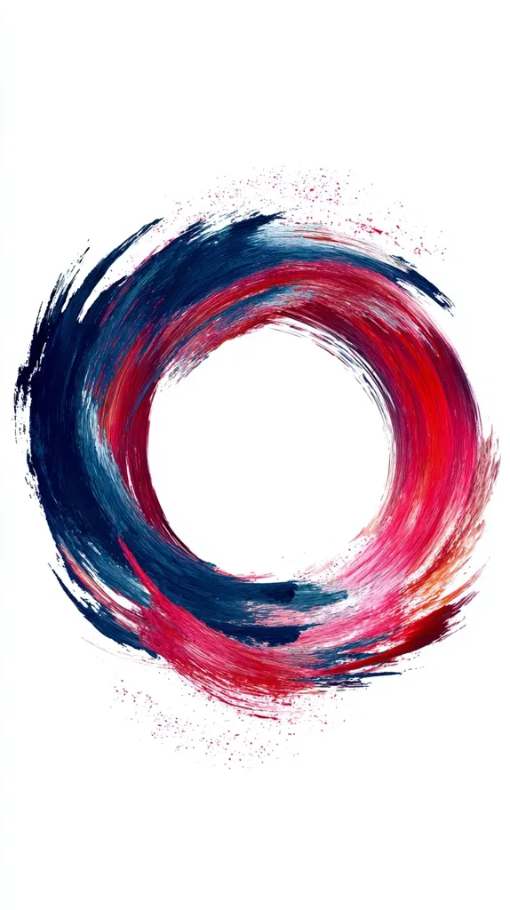 An abstract circular painting dominates the image, featuring dynamic brushstrokes in shades of deep red and navy blue.  The strokes create a swirling effect, leaving a central white space. The vibrant colors and energetic style suggest movement and energy. The background is stark white, enhancing the artwork's bold composition.