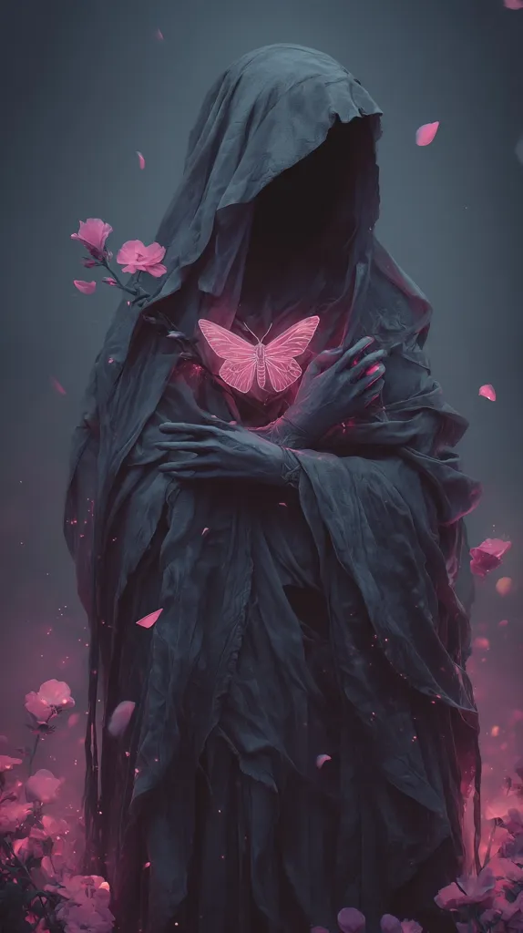 A dark, hooded figure, possibly representing death, stands amidst a field of glowing pink flowers.  The figure's hands gently cradle a vibrant pink butterfly, creating a striking contrast between darkness and light, fragility and power.  Petals drift through the air, adding to the ethereal and melancholic atmosphere. The scene is digitally rendered, showcasing a blend of fantasy and surrealism.