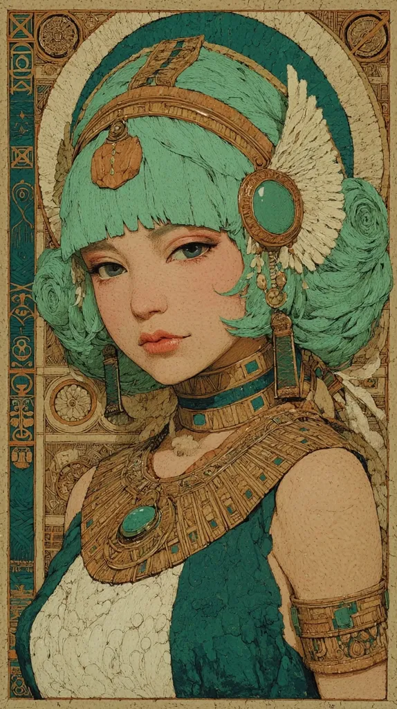 A stylized portrait of a woman with teal hair, adorned in elaborate gold and turquoise jewelry reminiscent of ancient Egyptian or Art Nouveau design.  She wears a headdress with wings, a large collar, and bracelets, all intricately detailed. The background features an ornate border in complementary colors. The artistic style is reminiscent of pointillism or a similar textural technique.